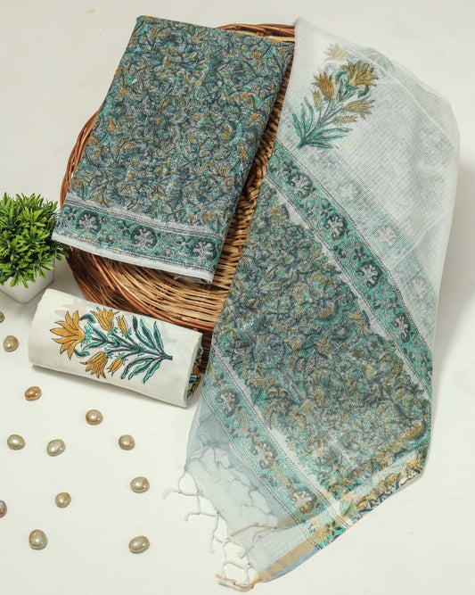 HAND BLOCK PRINTED KOTA DORIYA SUIT WITH KOTA DORIYA DUPPATA (FKS14)