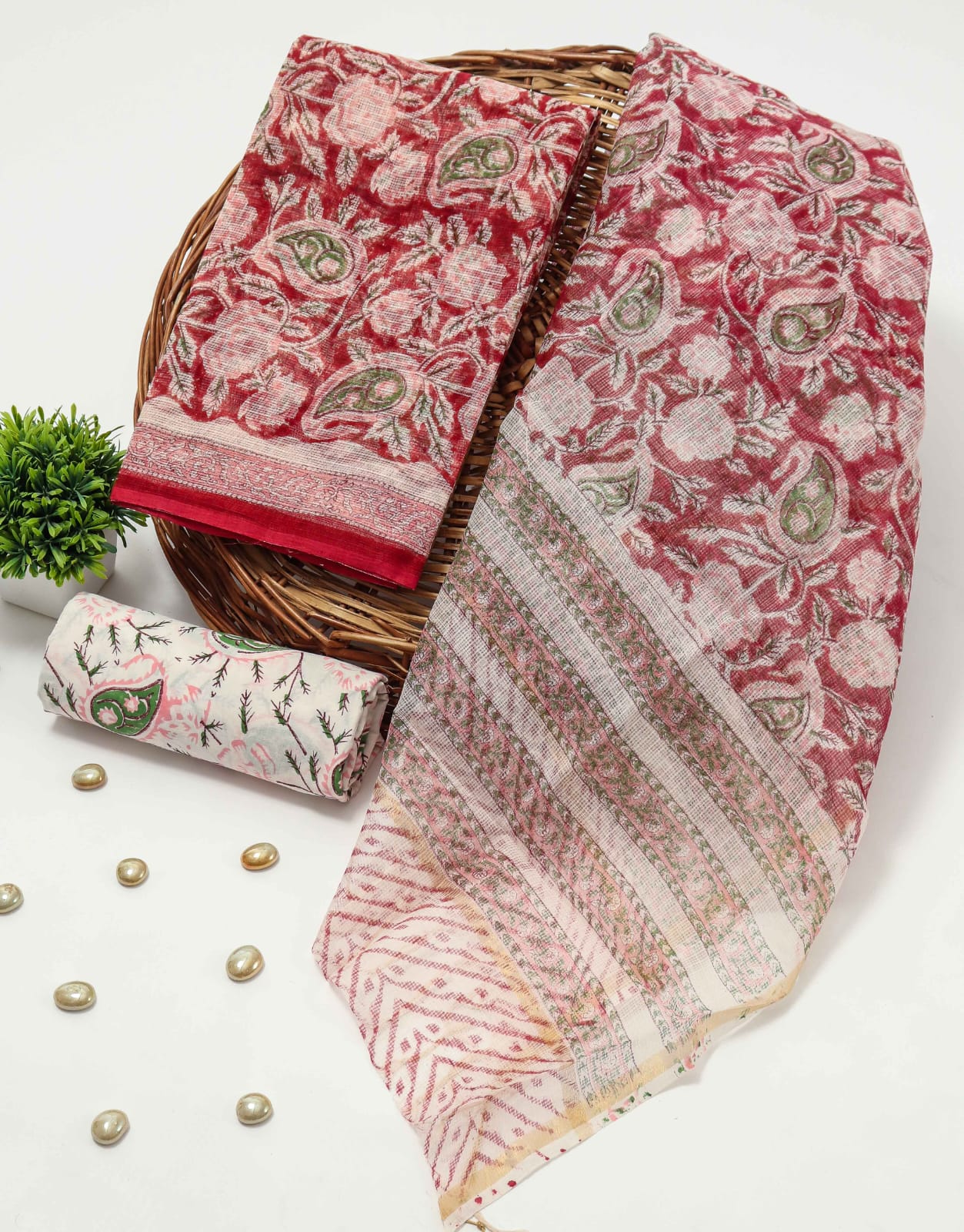 HAND BLOCK PRINTED KOTA DORIYA SUIT WITH KOTA DORIYA DUPPATA (FKS56)