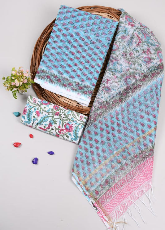 HAND BLOCK PRINTED KOTA DORIYA SUIT WITH KOTA DORIYA DUPPATA (FKS55)