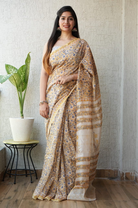 Bagru Hand Block Printed Chanderi Silk Saree with Blouse (CSS42)