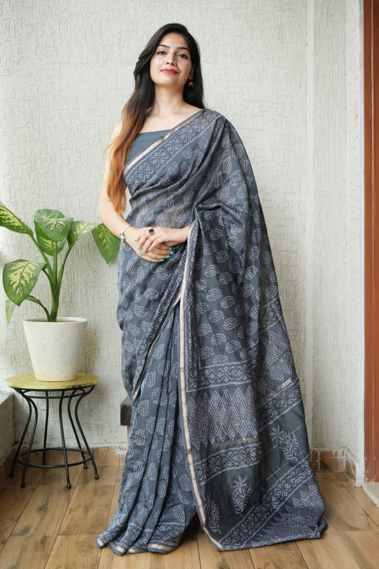 Bagru Hand Block Printed Chanderi Silk Saree with Blouse (CSS49)