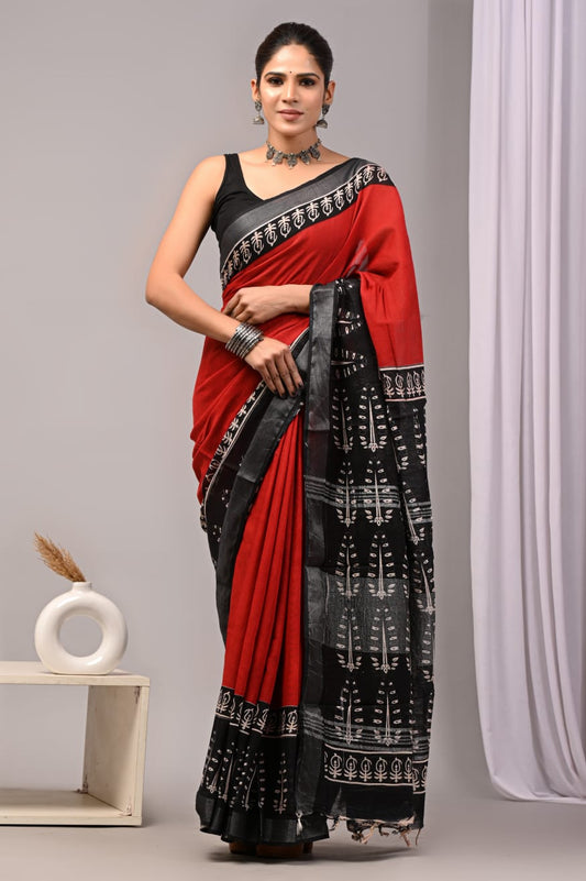 HAND BLOCK BLACK & WHITE PRINTED COTTON LINEN SAREE WITH BLOUSE (LCS10)