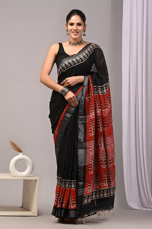 HAND BLOCK BLACK & WHITE PRINTED COTTON LINEN SAREE WITH BLOUSE (LCS30)