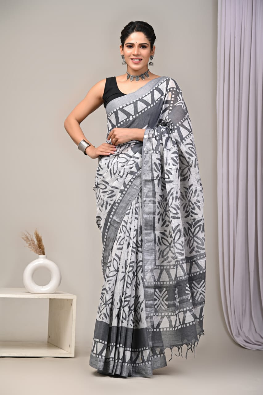 HAND BLOCK BLACK & WHITE PRINTED COTTON LINEN SAREE WITH BLOUSE (LCS40)