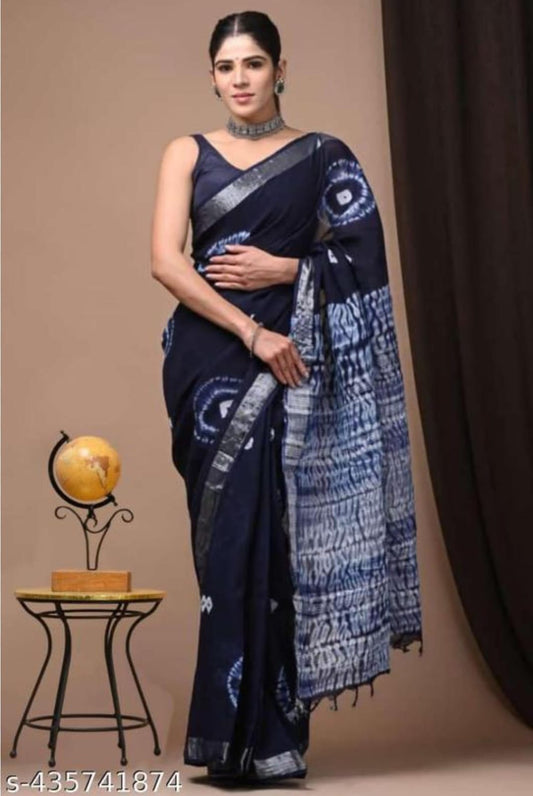 HAND BLOCK BLACK & WHITE PRINTED COTTON LINEN SAREE WITH BLOUSE (LCS49)