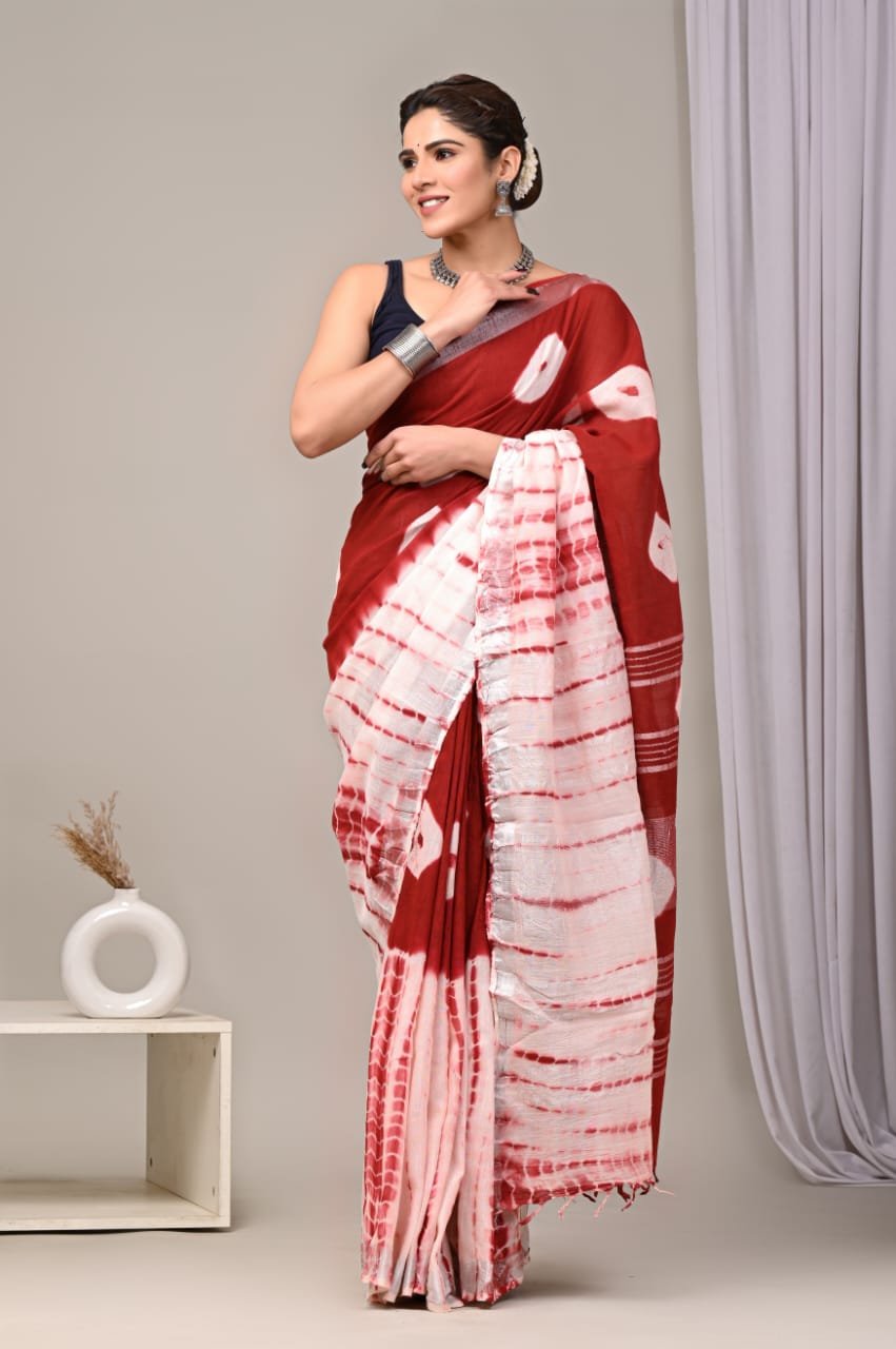 HAND BLOCK BLACK & WHITE PRINTED COTTON LINEN SAREE WITH BLOUSE (LCS51)