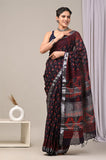 HAND BLOCK BLACK & WHITE PRINTED COTTON LINEN SAREE WITH BLOUSE (LCS54)