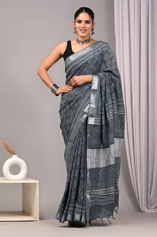 HAND BLOCK BLACK & WHITE PRINTED COTTON LINEN SAREE WITH BLOUSE (LCS55)