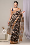 HAND BLOCK BLACK & WHITE PRINTED COTTON LINEN SAREE WITH BLOUSE (LCS58)