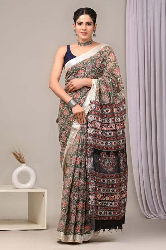 HAND BLOCK BLACK & WHITE PRINTED COTTON LINEN SAREE WITH BLOUSE (LCS63)