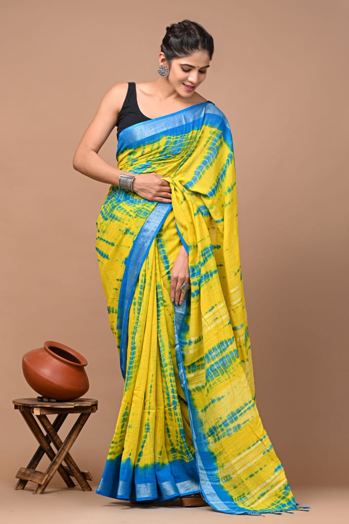HAND BLOCK BLACK & WHITE PRINTED COTTON LINEN SAREE WITH BLOUSE (LCS64)