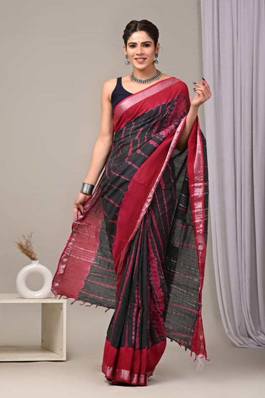 HAND BLOCK BLACK & WHITE PRINTED COTTON LINEN SAREE WITH BLOUSE (LCS65)