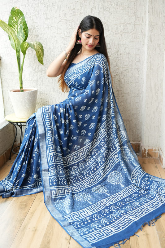 HAND BLOCK BLACK & WHITE PRINTED COTTON LINEN SAREE WITH BLOUSE (LCS66)