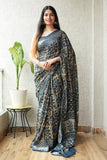 HAND BLOCK BLACK & WHITE PRINTED COTTON LINEN SAREE WITH BLOUSE (LCS68)