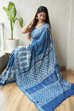 HAND BLOCK BLACK & WHITE PRINTED COTTON LINEN SAREE WITH BLOUSE (LCS70)
