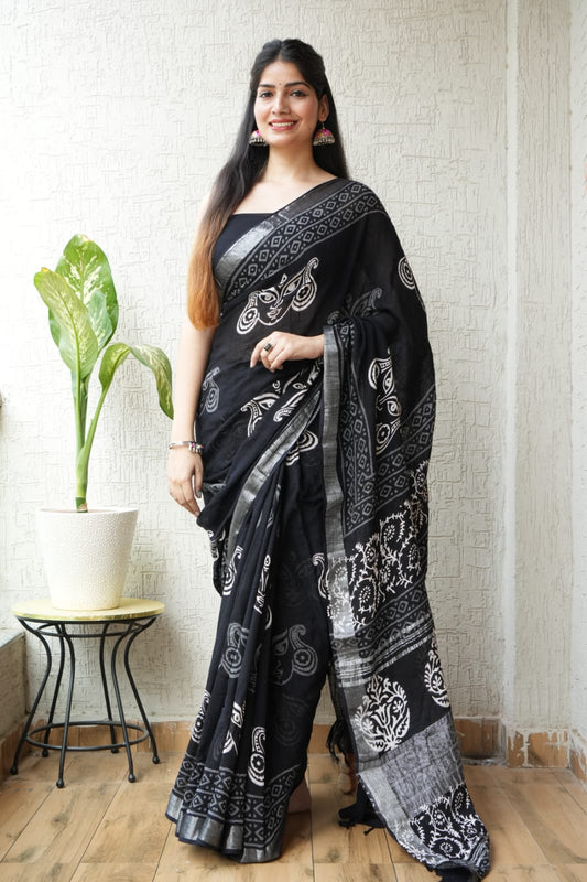 HAND BLOCK BLACK & WHITE PRINTED COTTON LINEN SAREE WITH BLOUSE (LCS74)