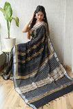 HAND BLOCK BLACK & WHITE PRINTED COTTON LINEN SAREE WITH BLOUSE (LCS76)