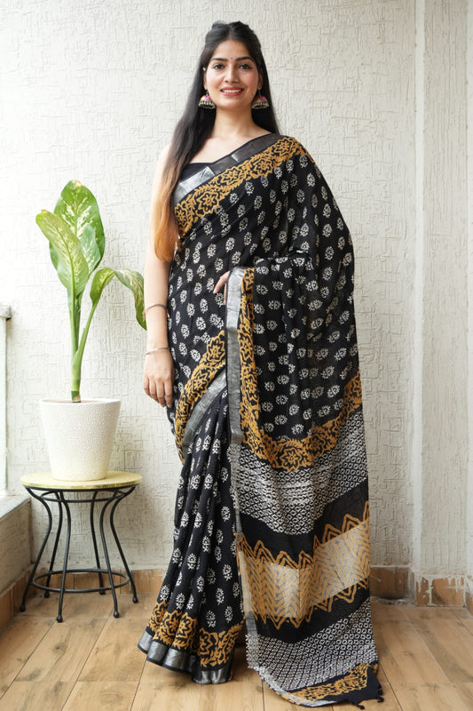 HAND BLOCK BLACK & WHITE PRINTED COTTON LINEN SAREE WITH BLOUSE (LCS80)