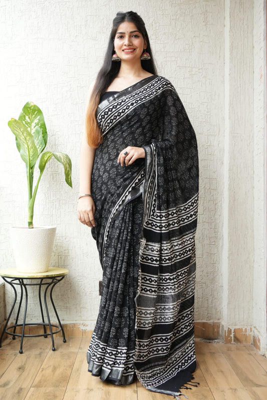 HAND BLOCK BLACK & WHITE PRINTED COTTON LINEN SAREE WITH BLOUSE (LCS82)