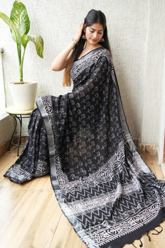 HAND BLOCK BLACK & WHITE PRINTED COTTON LINEN SAREE WITH BLOUSE (LCS83)