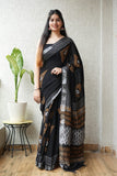 HAND BLOCK BLACK & WHITE PRINTED COTTON LINEN SAREE WITH BLOUSE (LCS86)
