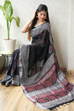 HAND BLOCK BLACK & WHITE PRINTED COTTON LINEN SAREE WITH BLOUSE (LCS87)