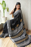 HAND BLOCK BLACK & WHITE PRINTED COTTON LINEN SAREE WITH BLOUSE (LCS88)