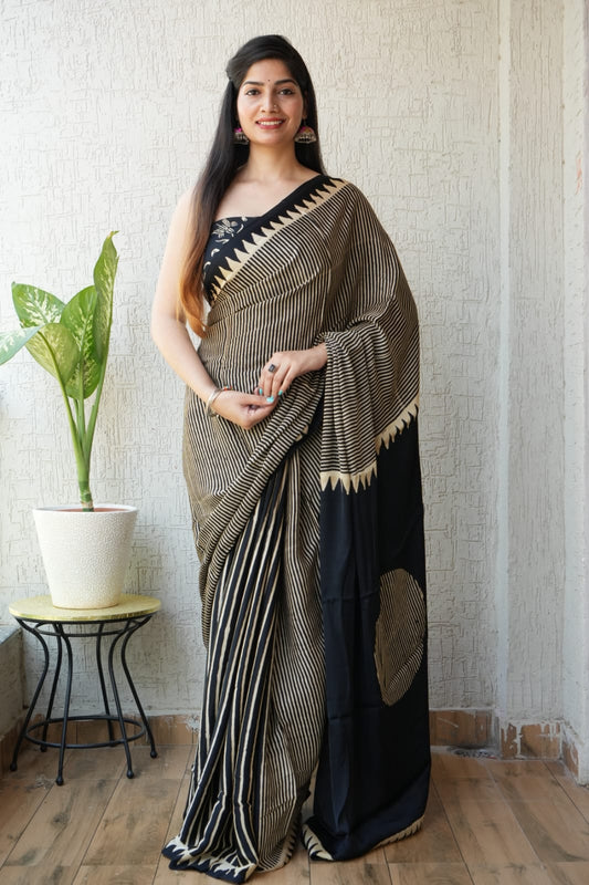 Ajrakh Hand Block Bagru Vanspati Printend Modal Silk Saree with Blouse (CID6)