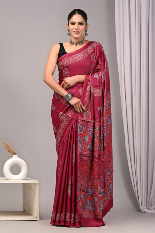 Ajrakh Hand Block Bagru Vanspati Printend Modal Silk Saree with Blouse (CID26)