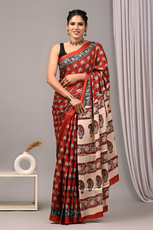 Ajrakh Hand Block Bagru Vanspati Printend Modal Silk Saree with Blouse (CID33)