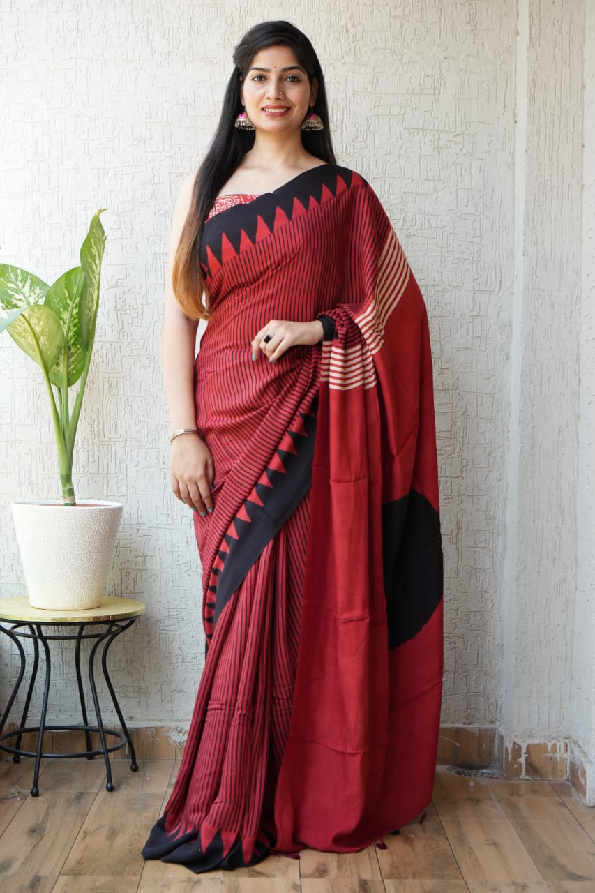 HAND BLOCK PRINTED AJRAKH MODAL SILK SAREE (CIG28)