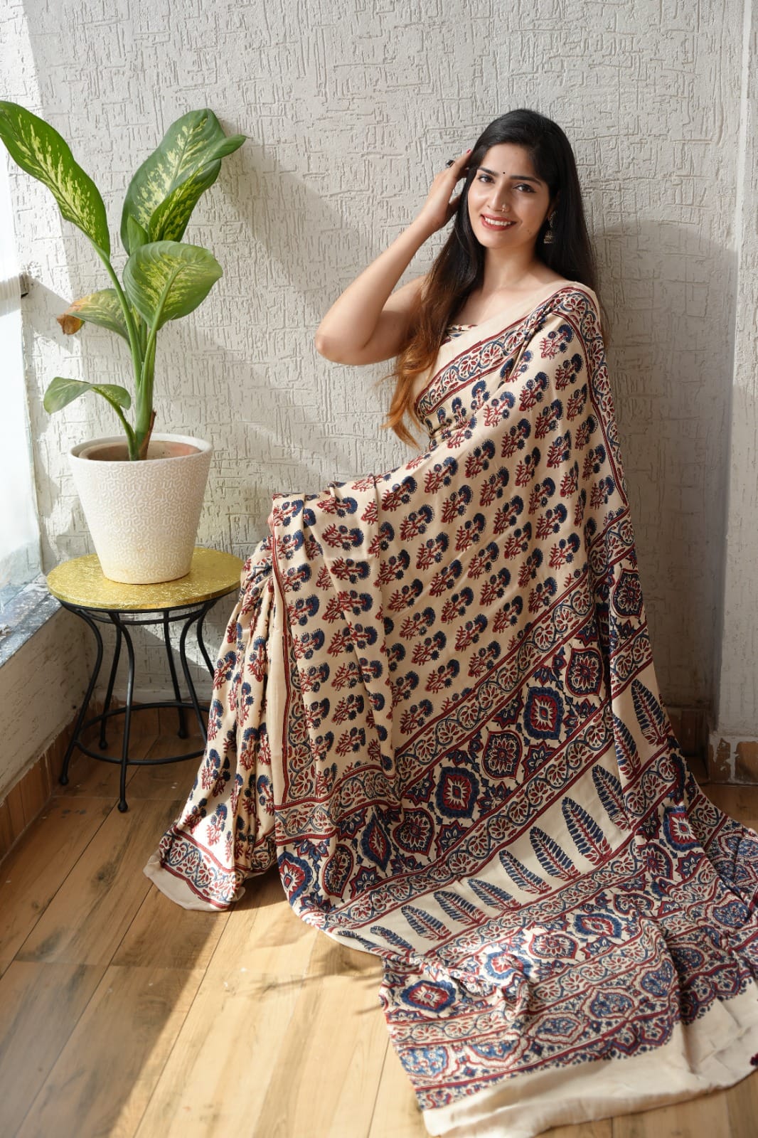 HAND BLOCK PRINTED AJRAKH MODAL SILK SAREE (CIG30)