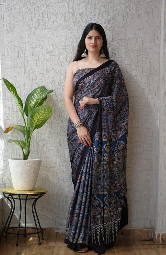 HAND BLOCK PRINTED AJRAKH MODAL SILK SAREE (CIG33)