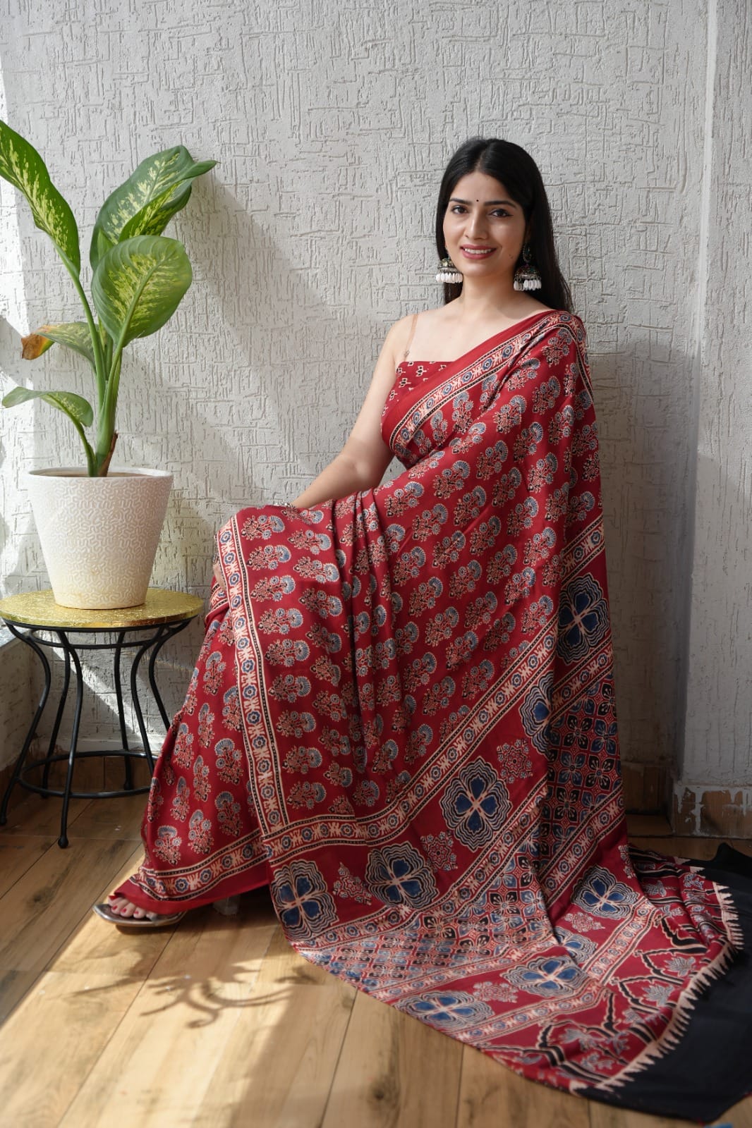 HAND BLOCK PRINTED AJRAKH MODAL SILK SAREE (CIG27)