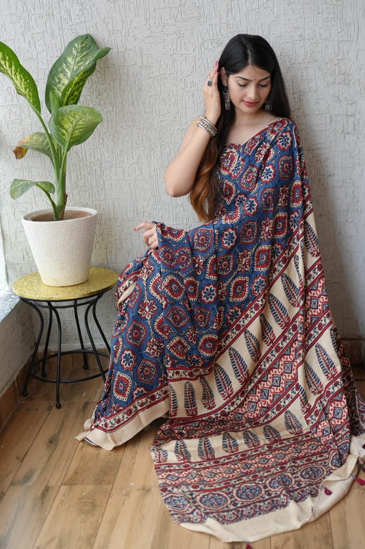 HAND BLOCK PRINTED AJARKH MODAL SILK SAREE (CIG26)