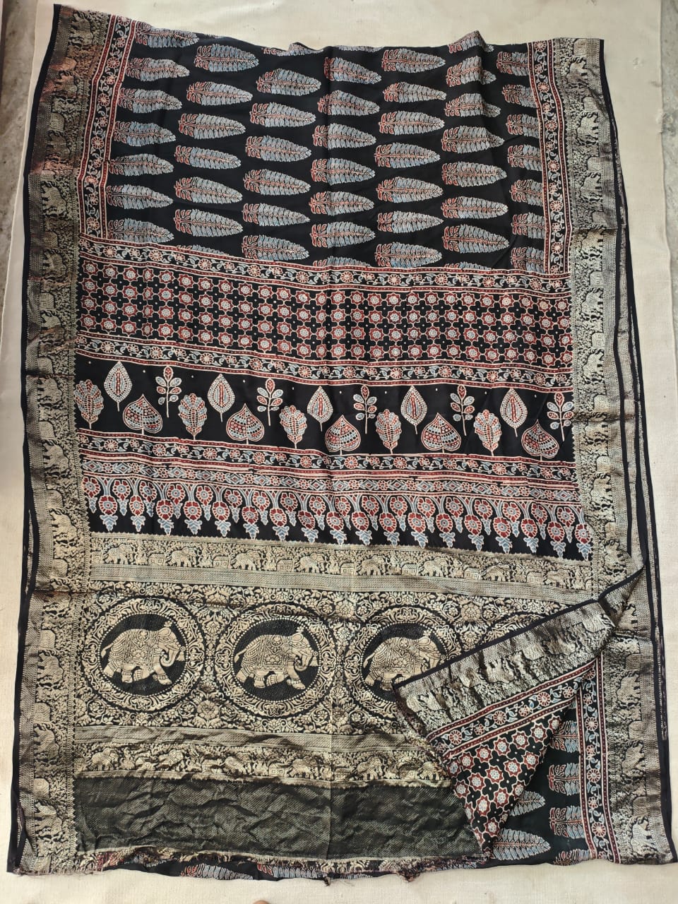 AJRAKH PRINTED PURE DOLA SILK SAREE WITH BLOUSE (MS12)