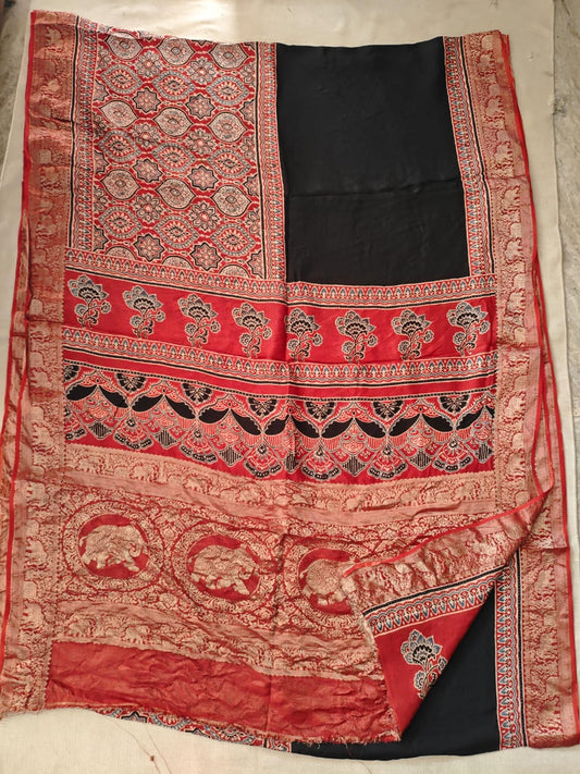 AJRAKH PRINTED PURE DOLA SILK SAREE WITH BLOUSE (MS18)
