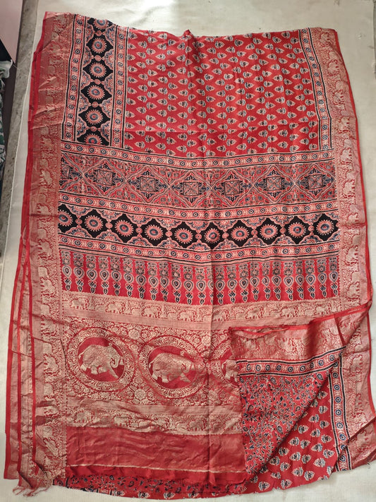 AJRAKH PRINTED PURE DOLA SILK SAREE WITH BLOUSE (MS19)