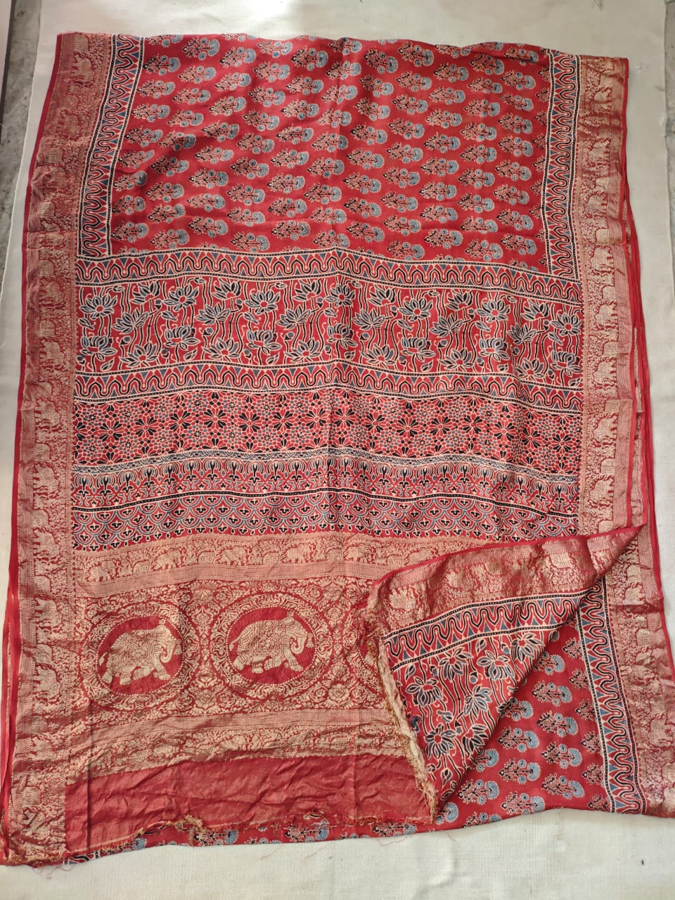 AJRAKH PRINTED PURE DOLA SILK SAREE WITH BLOUSE (MS20)