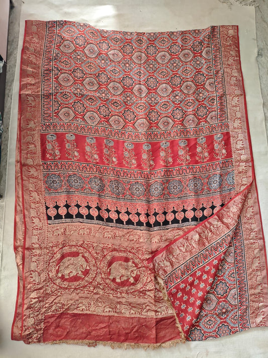 AJRAKH PRINTED PURE DOLA SILK SAREE WITH BLOUSE (MS22)