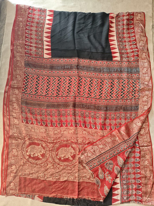 AJRAKH PRINTED PURE DOLA SILK SAREE WITH BLOUSE (MS23)