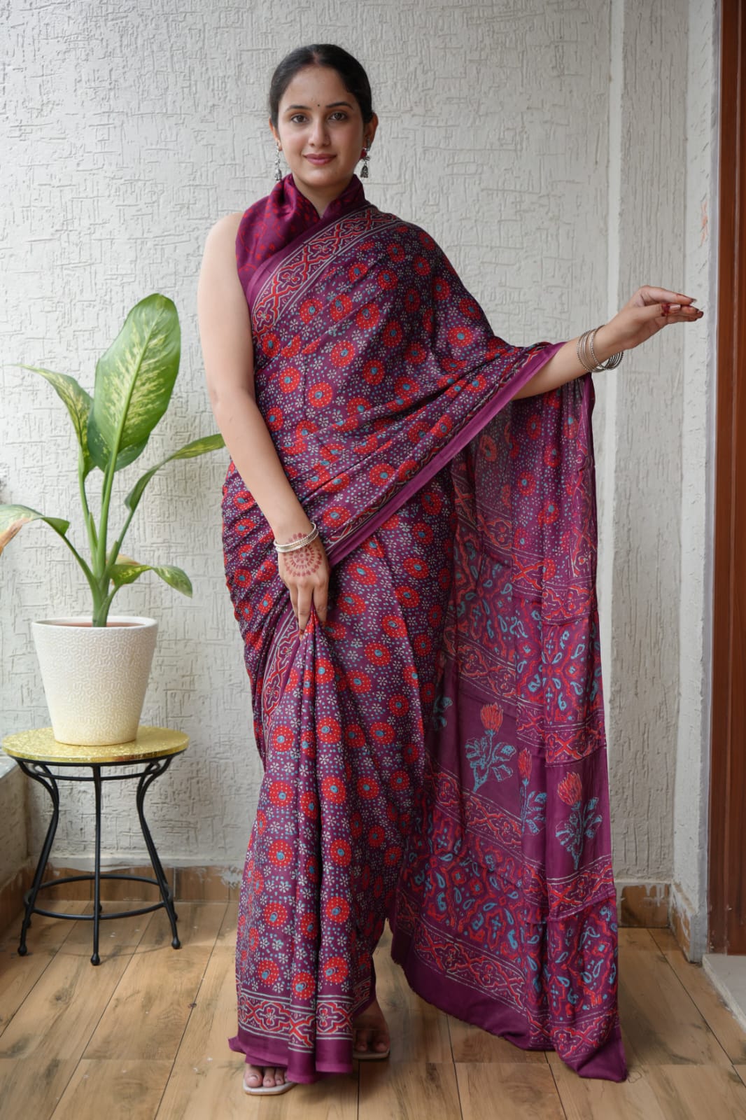 Natural Dye Vegetable Hand Block Print Ajarkh Vanaspati Pure Modal Silk Saree (CIG1)