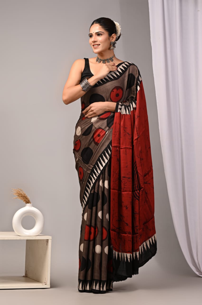 Ajrakh Hand Block Bagru Vanspati Printend Modal Silk Saree with Blouse (CID5)