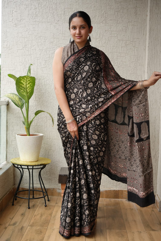 Ajrakh Hand Block Bagru Vanspati Printend Modal Silk Saree with Blouse (CID7)