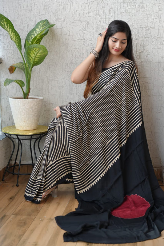 Ajrakh Hand Block Bagru Vanspati Printend Modal Silk Saree with Blouse (CID11)