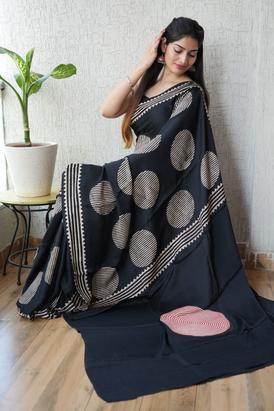 Ajrakh Hand Block Bagru Vanspati Printend Modal Silk Saree with Blouse (CID21)