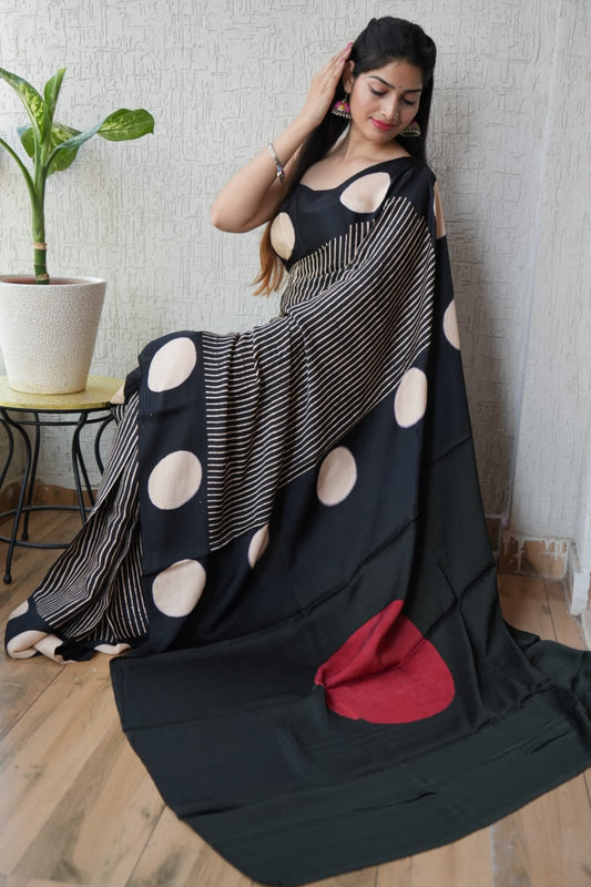 Ajrakh Hand Block Bagru Vanspati Printend Modal Silk Saree with Blouse (CID13)