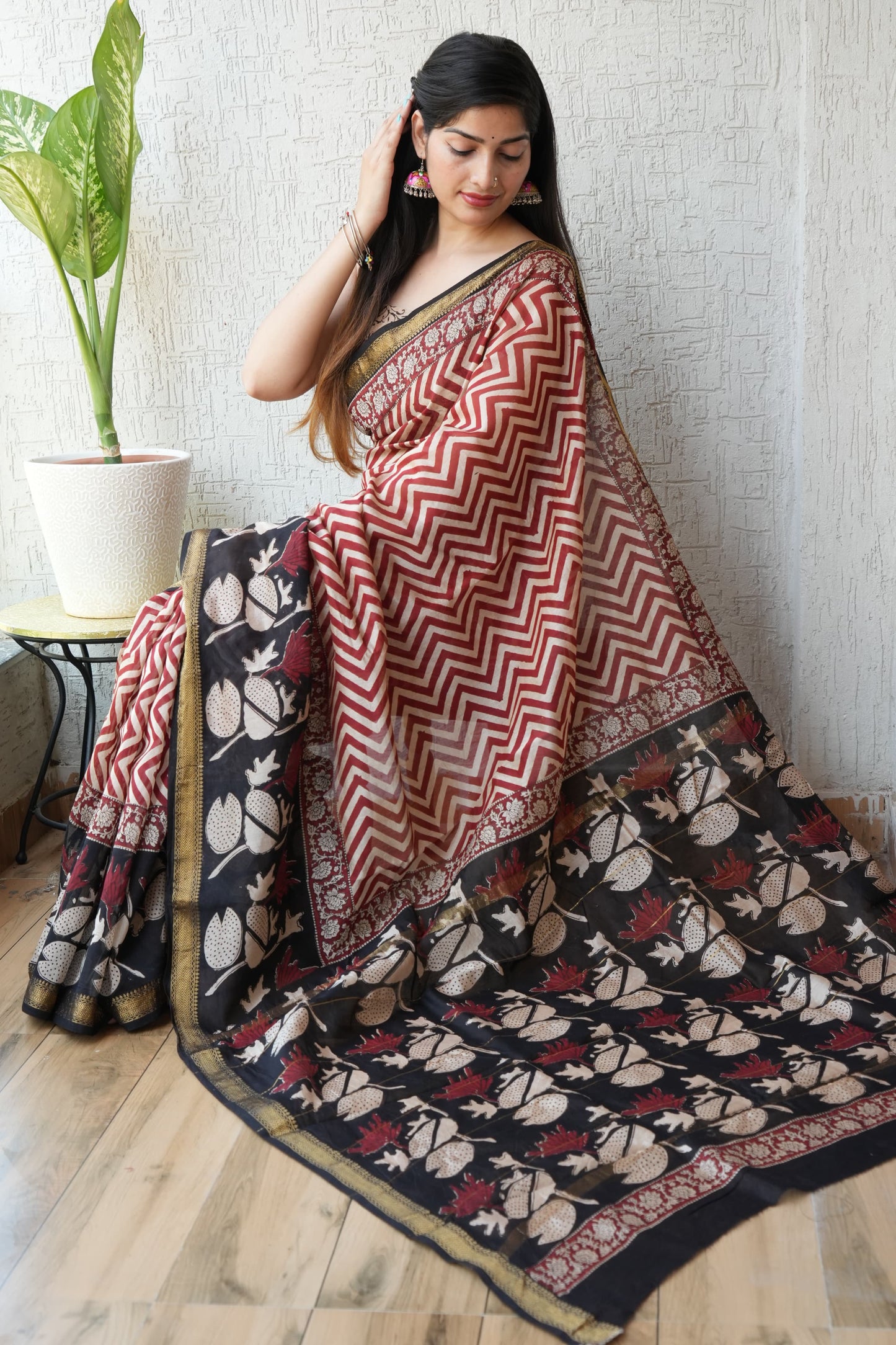 Jaipuri Hand Block Bagru Printed Maheshwari Silk Saree With Blouse (MSS105)