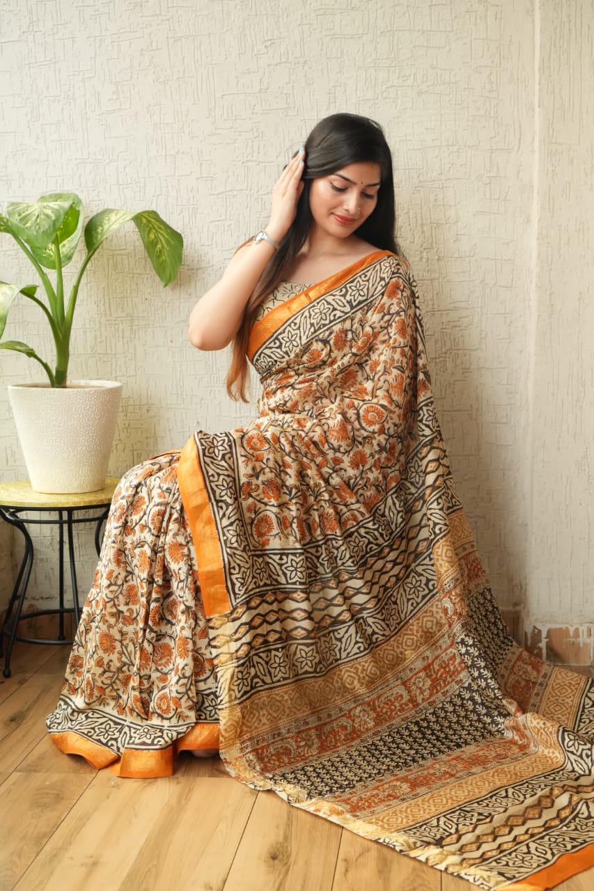 Jaipuri Hand Block Bagru Printed Maheshwari Silk Saree With Blouse (MSS104)