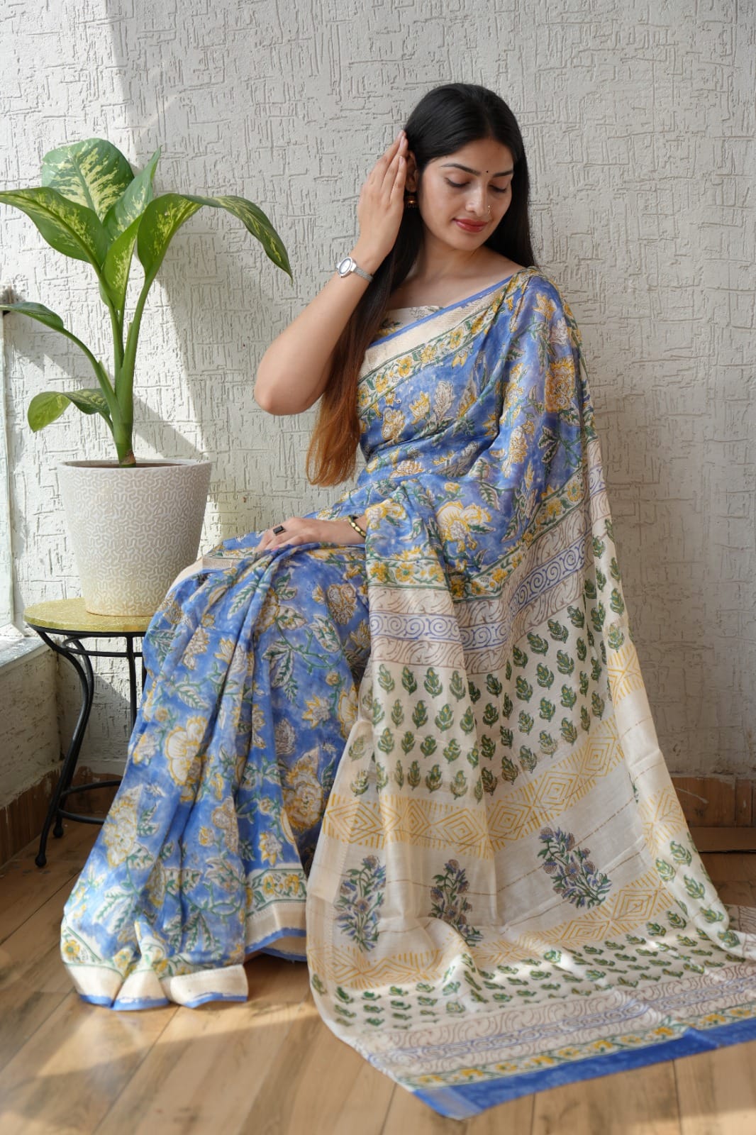 Jaipuri Hand Block Bagru Printed Maheshwari Silk Saree With Blouse (MSS107)